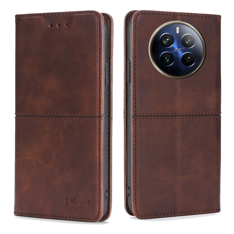 Magnetic phone wallet case, dark brown leather-look with stitched flap and camera opening