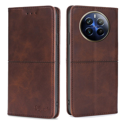 Magnetic phone wallet case, dark brown leather-look with stitched flap and camera opening