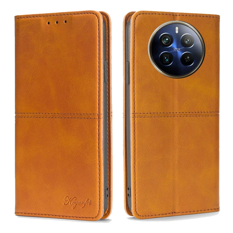 Magnetic phone wallet case, light brown leather-look with stitched flap and camera opening