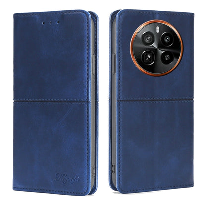 Magnetic cow-textured leather phone case with flip cover, blue, with camera opening