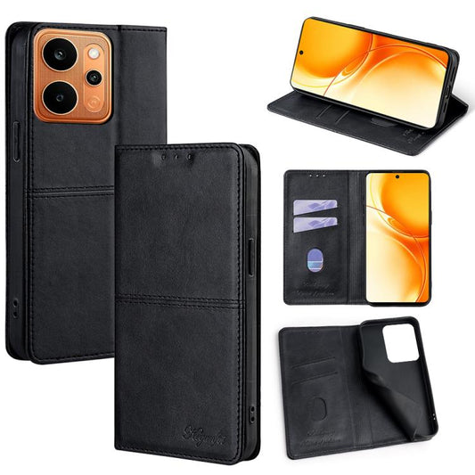 Cow-texture leather wallet phone case with magnetic flap, black with card slots