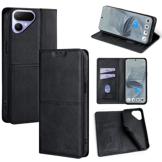 Cow-texture magnetic leather phone case, black folio with card slots and stand view