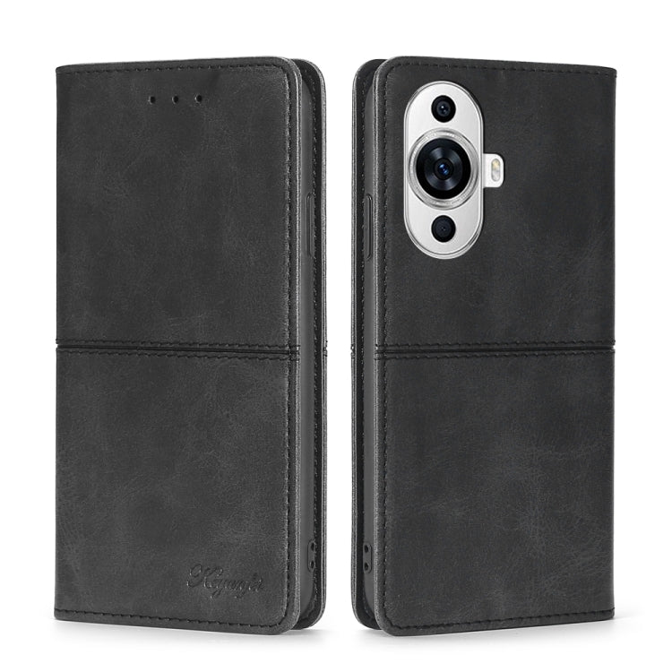 Black magnetic leather flip phone case with cutouts and stitched front flap