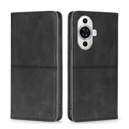 Black magnetic leather flip phone case with cutouts and stitched front flap