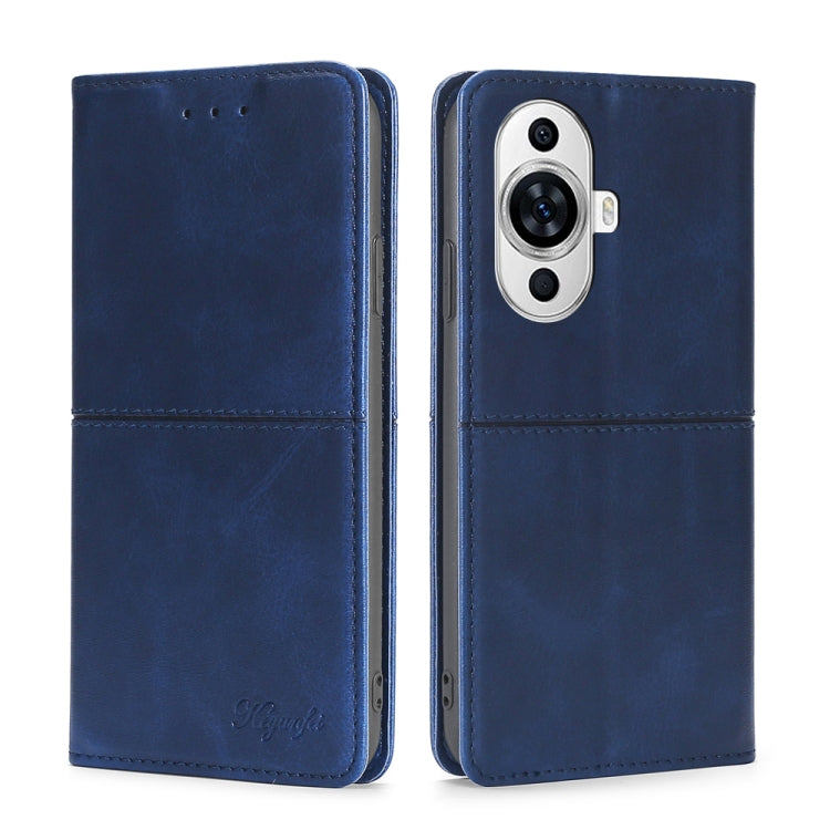 Blue magnetic leather flip phone case with camera cutout and stitched front flap