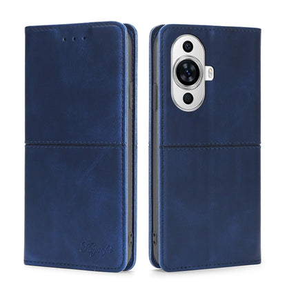 Blue magnetic leather flip phone case with camera cutout and stitched front flap