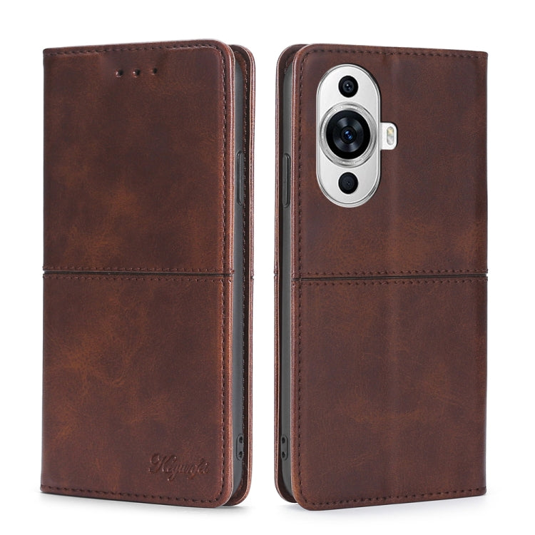 Dark brown magnetic leather flip phone case with camera cutout and stitched seams