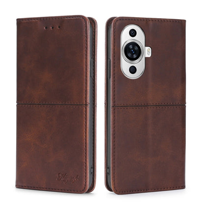 Dark brown magnetic leather flip phone case with camera cutout and stitched seams