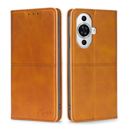 Light brown magnetic leather flip phone case with camera cutout and stitched front