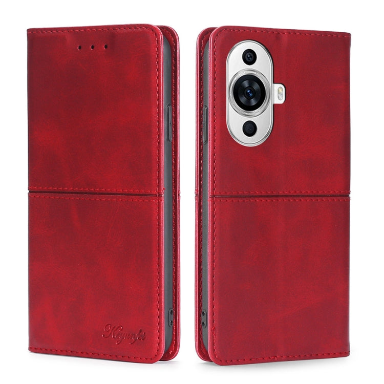 Red magnetic leather flip phone case with camera cutout and stitched front flap