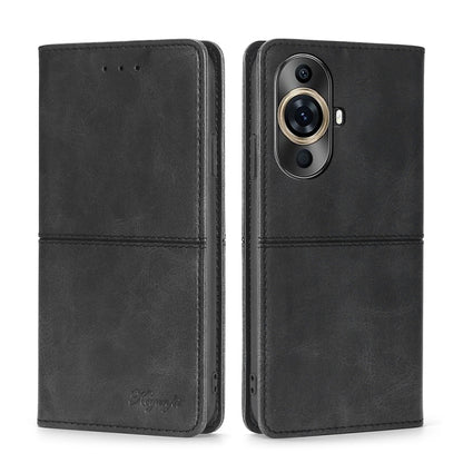 Black leather folio phone case with camera opening and front flap