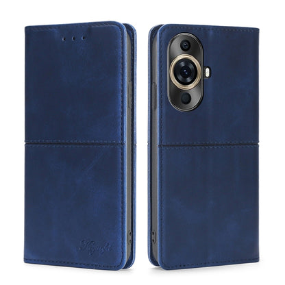 Blue leather folio phone case with camera opening and front flap