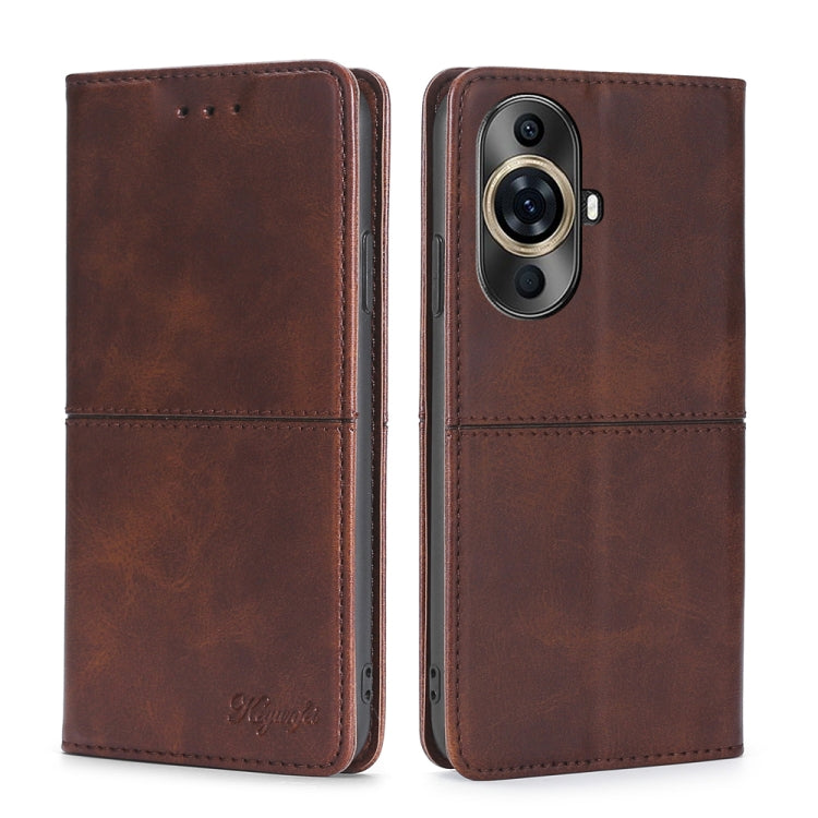 Brown leather folio phone case with camera opening and front flap