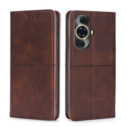 Brown leather folio phone case with camera opening and front flap