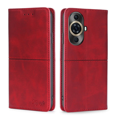 Red leather folio phone case with camera opening and front flap