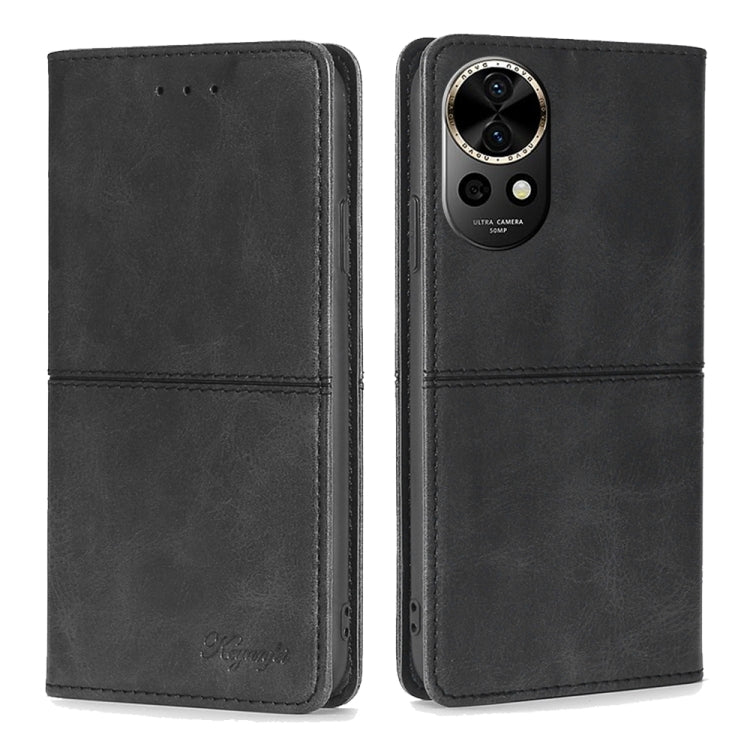 Black leather folio phone case with front flap and camera cutout