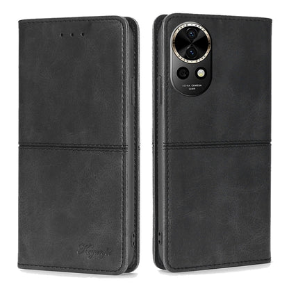 Black leather folio phone case with front flap and camera cutout