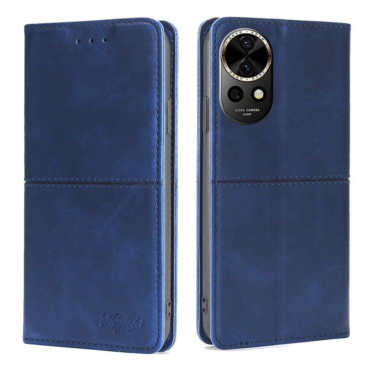 Blue leather folio phone case with front flap and camera cutout