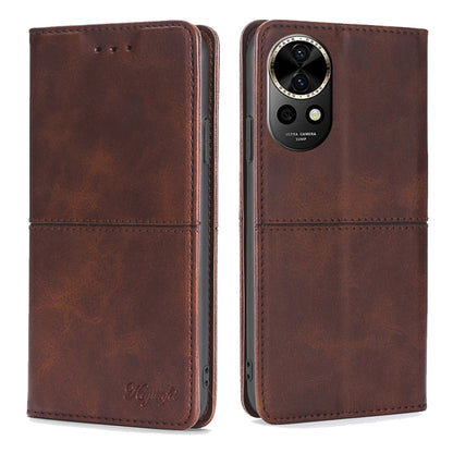 Dark brown leather folio phone case with front flap and camera cutout
