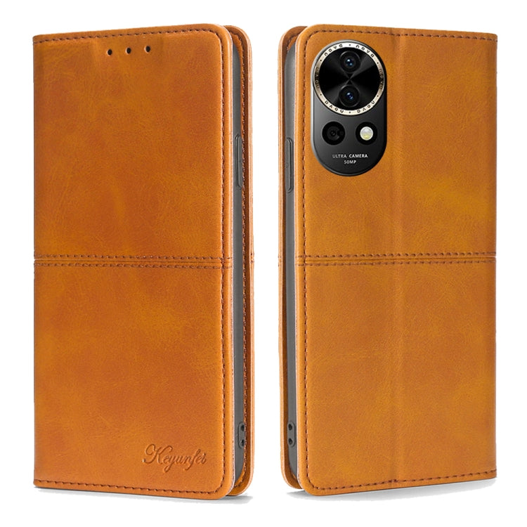 Light brown leather folio phone case with front flap and camera cutout
