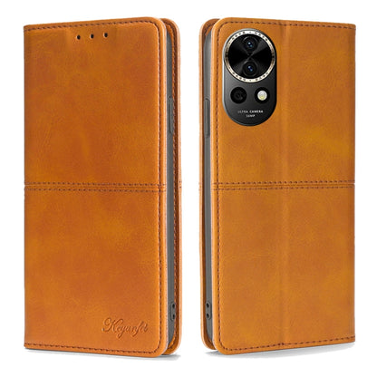 Light brown leather folio phone case with front flap and camera cutout