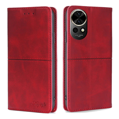 Red leather folio phone case with front flap and camera cutout