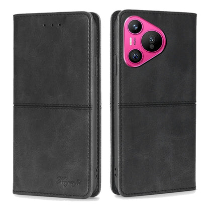 Black leather folio phone case with magnetic flap and camera module cutout