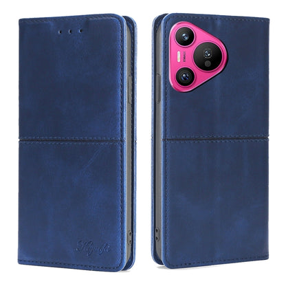 Blue leather folio phone case with magnetic flap and camera module cutout