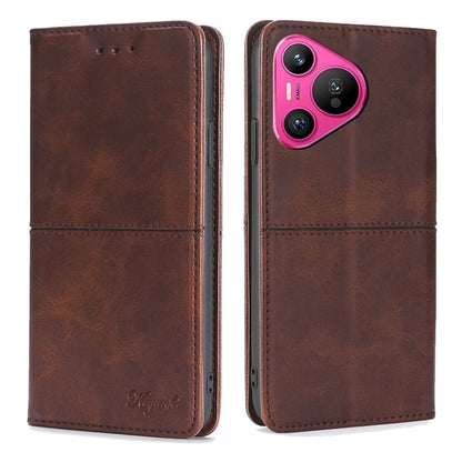 Dark brown leather folio phone case with magnetic flap and camera module cutout