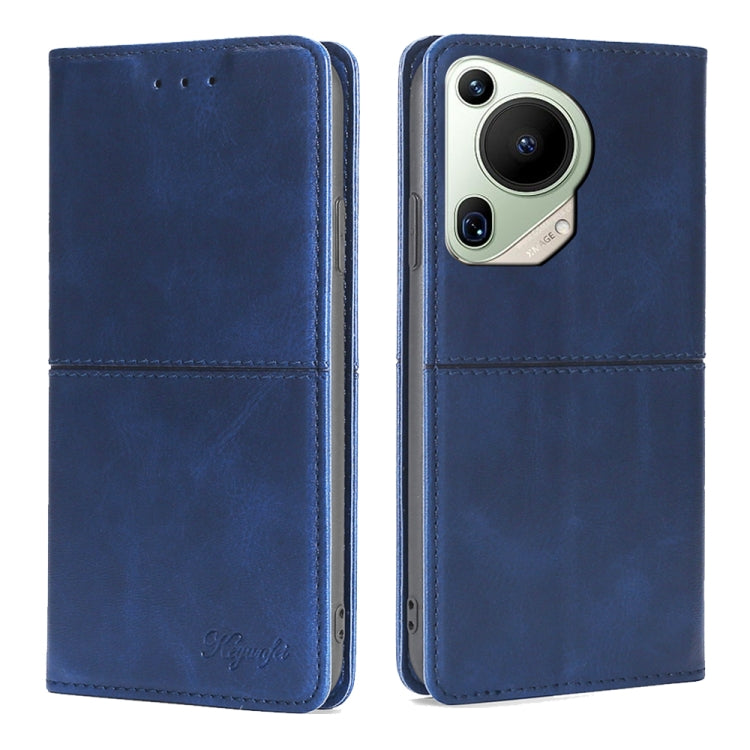 Blue magnetic leather phone case with flip cover and side buttons cutout