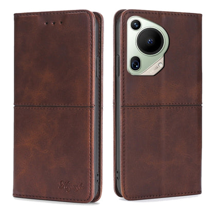 Dark brown magnetic leather phone case with flip cover and side buttons cutout
