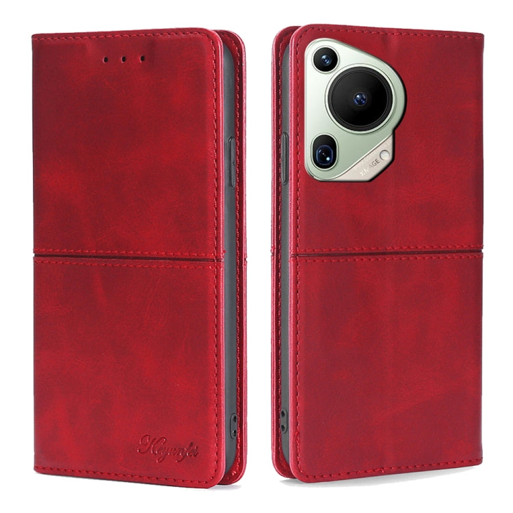 Red magnetic leather phone case with flip cover and side buttons cutout