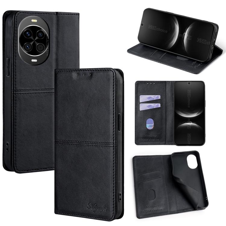 Magnetic leather phone case with folio cover and card slots, black
