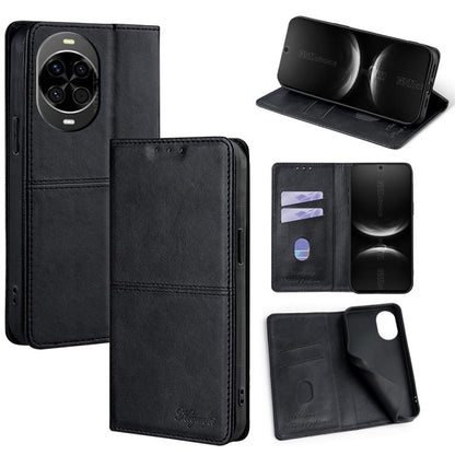 Magnetic leather phone case with folio cover and card slots, black