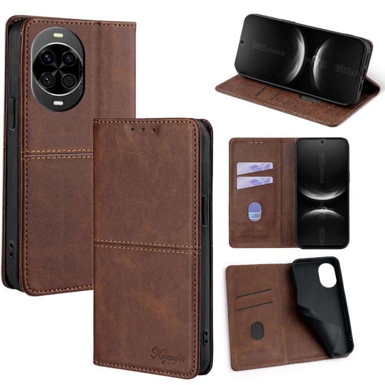Magnetic leather phone case with folio cover and card slots, dark brown
