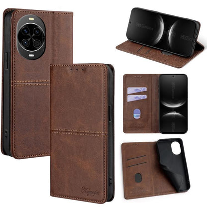 Magnetic leather phone case with folio cover and card slots, dark brown