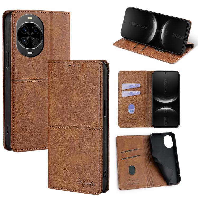 Magnetic leather phone case with folio cover and card slots, light brown
