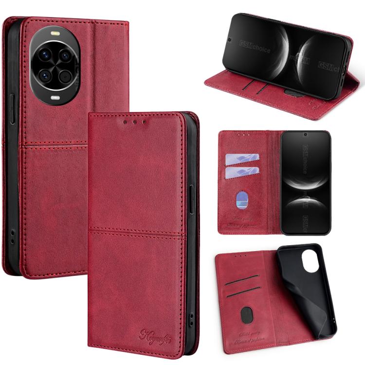 Magnetic leather phone case with folio cover and card slots, red