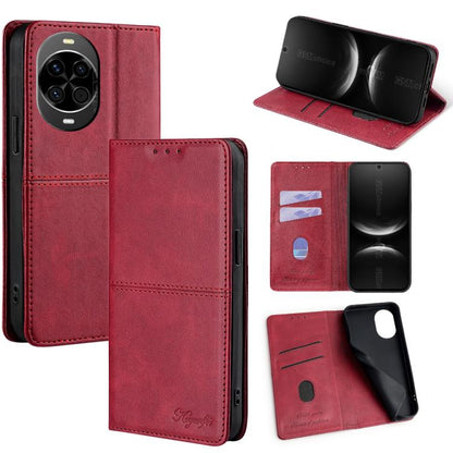 Magnetic leather phone case with folio cover and card slots, red