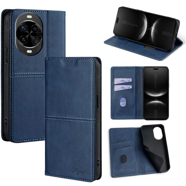 Magnetic leather phone case with folio cover and card slots, blue