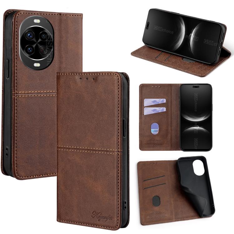 Magnetic leather phone case with folio cover and card slots, dark brown