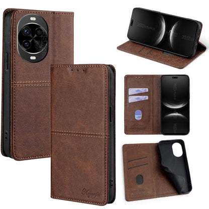 Magnetic leather phone case with folio cover and card slots, dark brown
