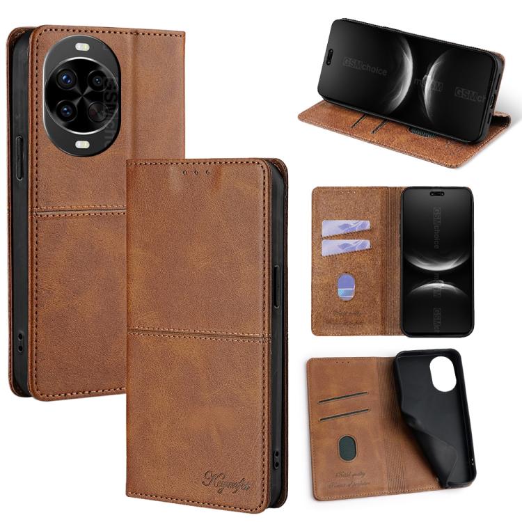 Magnetic leather phone case with folio cover and card slots, light brown