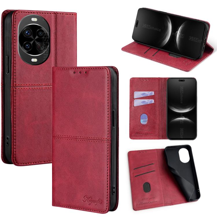 Magnetic leather phone case with folio cover and card slots, red