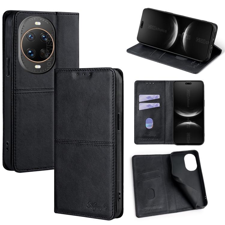 Black leather magnetic phone case with flip cover, card slots, and viewing stand