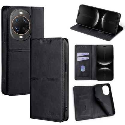 Black leather magnetic phone case with flip cover, card slots, and viewing stand