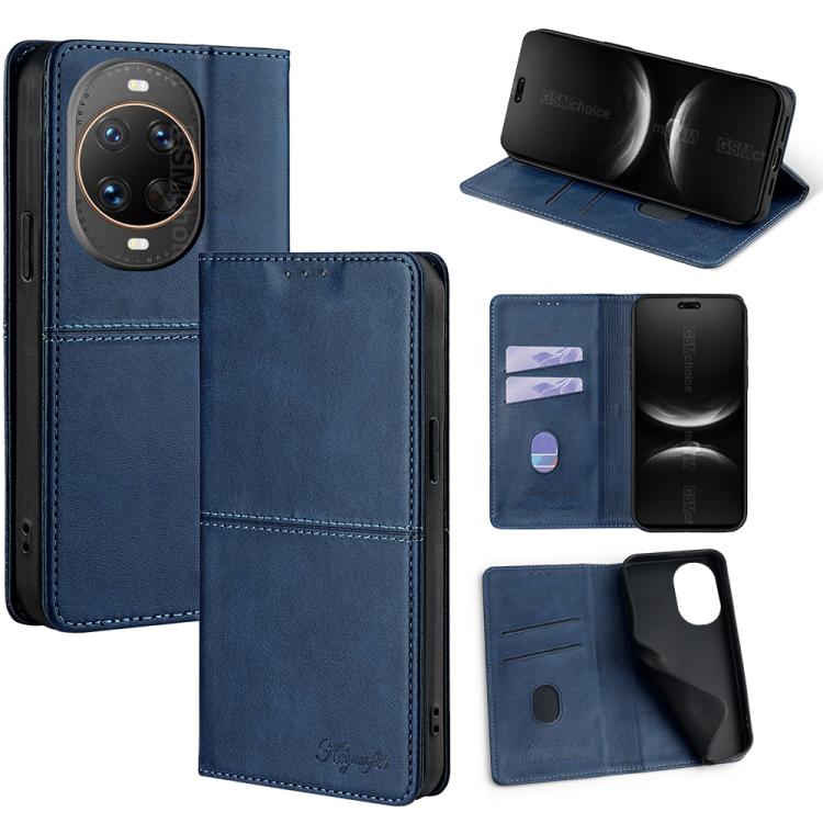 Blue leather magnetic phone case with flip cover, card slots, and viewing stand