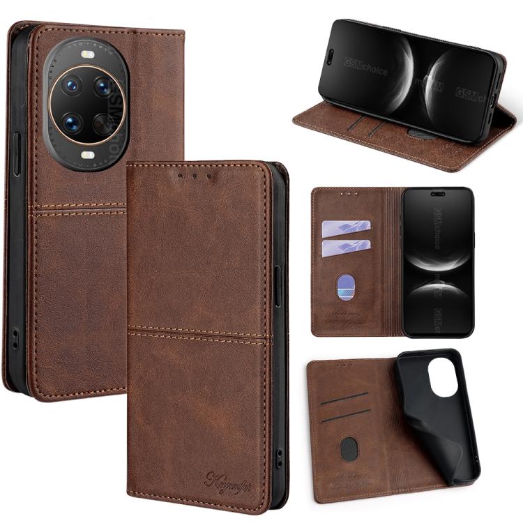 Dark brown leather magnetic phone case with flip cover, card slots, and viewing stand