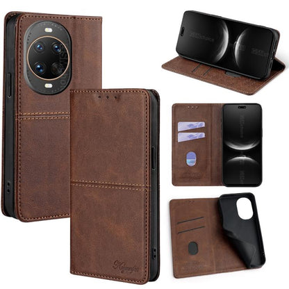 Dark brown leather magnetic phone case with flip cover, card slots, and viewing stand