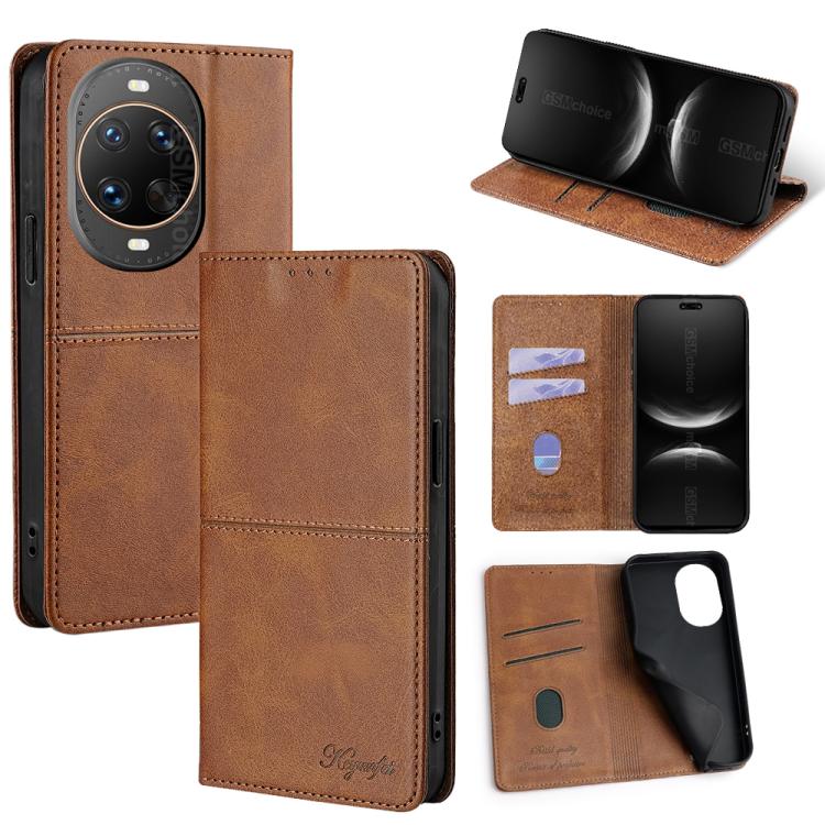 Light brown leather magnetic phone case with flip cover, card slots, and viewing stand